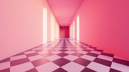 Poster - Surreal Pink Checkered Floor Interior Design