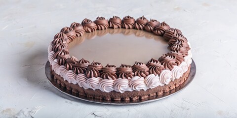 Aufkleber - A chocolate cake with white frosting swirls arranged around the edges of the cake, ready for a special occasion.