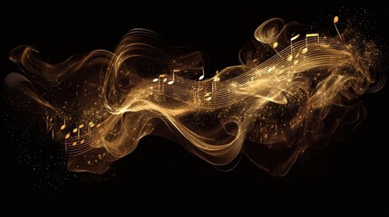 Poster - Golden Notes Flowing on Black Background
