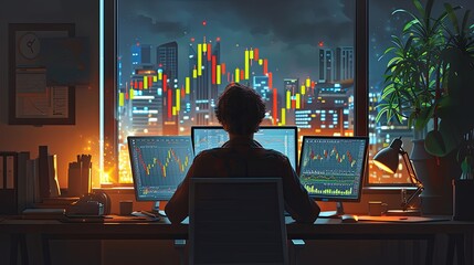 Wall Mural - A professional in a modern office using a tablet to manage investments, financial graphs displayed, clean and organized desk, promoting wealth management