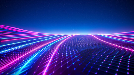 Poster - Dark cyber grid wallpaper with blue and purple glowing light trails, futuristic digital patterns, and a deep, immersive cyber feel.