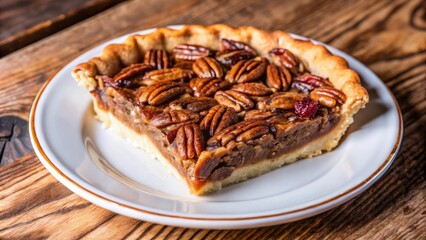 Aufkleber - A slice of pecan pie on a white plate, with a golden brown crust and a sweet and nutty filling, resting on a rustic wooden table