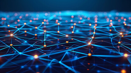 Poster - Futuristic digital grid with neon blue lines, circuits, and glowing data nodes, creating a high-tech cyber atmosphere. technology background wallpaper 