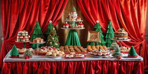 Poster - A Festive Christmas Table Setting with a Red Velvet Tablecloth and Green Paper Christmas Trees, Showcasing an Array of Festive Desserts and Holiday Treats