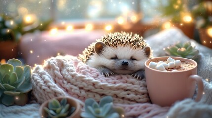 A cozy hedgehog nestled in a blanket with a warm cup of cocoa surrounded by plants and lights