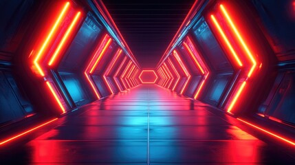 Futuristic corridor with red neon lights.
