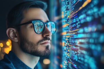 Poster - man with glasses observing code on screen, illuminated background, technology focus