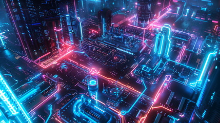 Poster - Futuristic digital grid with neon blue lines, circuits, and glowing data nodes, creating a high-tech cyber atmosphere. technology background wallpaper 