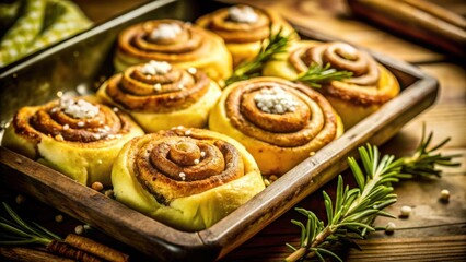 Aufkleber - Sweet cinnamon rolls with sugary frosting and a sprig of rosemary in a wooden tray