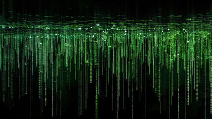 Poster - 
Matrix-inspired digital landscape with green binary code streams, floating data panels, and glowing circuitry over a black background. tech wallpaper 