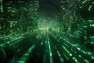 Poster - 
Matrix-inspired digital landscape with green binary code streams, floating data panels, and glowing circuitry over a black background. tech wallpaper 