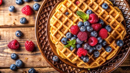 Aufkleber - Golden waffles with a medley of fresh blueberries and raspberries, beautifully arranged on a rustic wooden surface