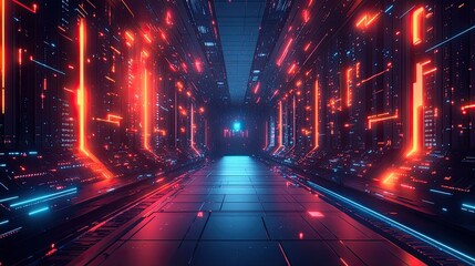 Futuristic neon corridor with red and blue glowing lights.