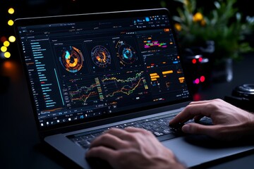 Aufkleber - A close-up of digital graphs on a laptop screen with hands typing, capturing a moment of real-time data analysis