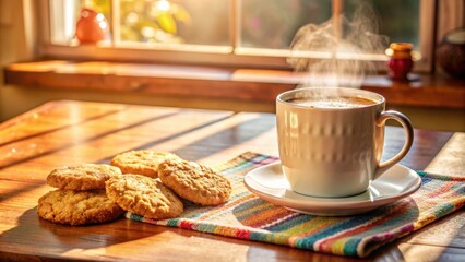 Poster - Warm morning light casts golden rays on a rustic wooden table, illuminating a steaming cup of coffee and a plate of freshly baked cookies, ready for a comforting breakfast.
