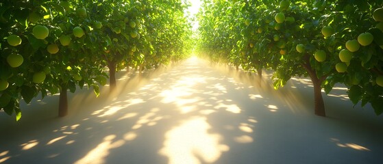 Wall Mural - A serene orchard pathway illuminated by sunlight, lined with lush green apple trees.