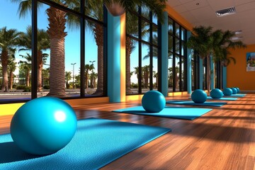 Poster - A digital 3D illustration of a yoga class in a serene studio with light streaming through large windows