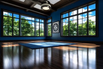 Poster - A digital 3D illustration of a yoga class in a serene studio with light streaming through large windows