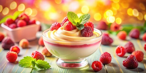 Poster - A creamy dessert topped with fresh raspberries and a sprig of mint, resting on a rustic wooden table, bathed in warm, golden light.