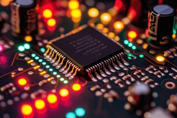 Poster - Circuit board with microchip and colorful LED lights, intricate design, technology