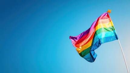 Poster - A large rainbow flag waving proudly in the wind against a clear blue sky, symbolizing LGBTQ pride, visibility, and the ongoing fight for equality.