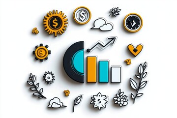 Poster - A flat, colorful illustration of a bar graph and pie chart with playful lines, on a clean white background