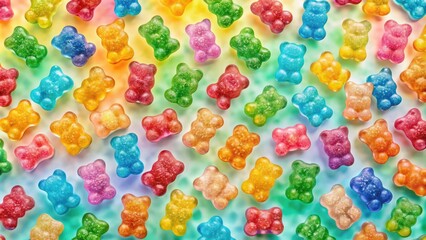 Poster - A vibrant collection of colorful gummy bears, glistening with sugar crystals, arranged in a captivating pattern on a rainbow-hued background.