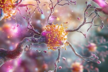 Poster - neurons with synapses, vibrant colors, intricate details, biological structures