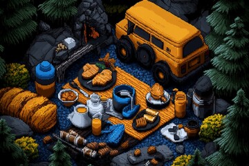 Poster - A pixel art representation of a family picnic, with tiny characters, a blanket, and food items, resembling a retro game