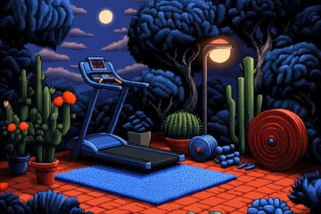 Poster - A pixel art representation of a gym with tiny characters lifting weights, running on treadmills, and doing yoga, styled like a retro video game