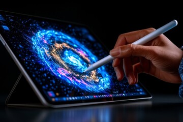 Poster - Close-up of a designerâ€™s hand holding a stylus while creating digital art on a tablet