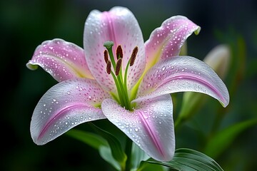Aufkleber - Close-up of a single Easter lily bloom, with dew drops on petals and soft morning light