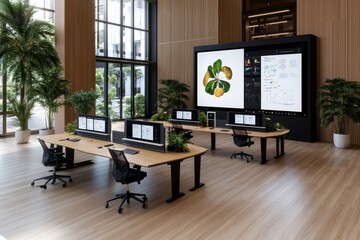 Poster - Digital 3D illustration of a modular workspace design with floating desks and digital whiteboards