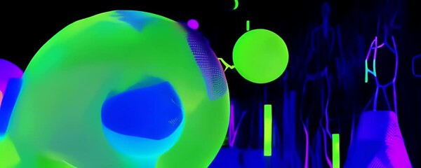 abstract animation of flowing data patterns and sports equipment silhouettes in neon hues, representing AI-driven sports insights