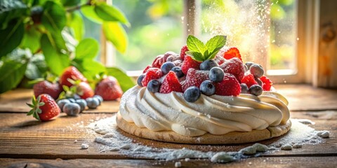 Poster - A Rustic Summer Dessert Fresh Berries and Whipped Cream on a Crisp Biscuit Base, Dusted with Powdered Sugar, Bathed in Warm Sunlight