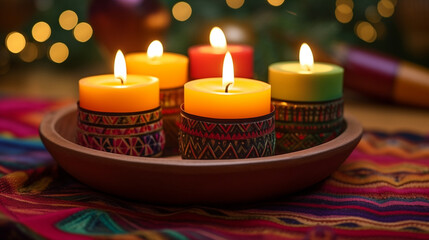 Wall Mural - a closeup of patterned kwanzaa candles on a woven mat black history month