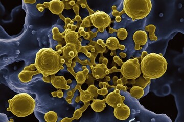 Poster - Microscopic view of bacteria and cells, vibrant yellow against dark background