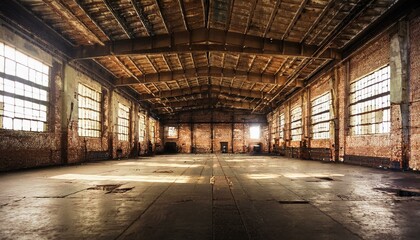 Wall Mural - Nave industrial abandonada: Un interior grunge de una fábrica oscura y vacía con paredes de ladrillo blanco sucio, metal vintage y acero oxidado, creando un espacio grande y espeluznante.