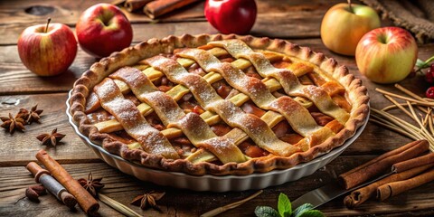 Aufkleber - A Golden Brown Lattice-Top Apple Pie with a Sprinkle of Powdered Sugar, Surrounded by Fresh Apples and Cinnamon Sticks on a Rustic Wooden Table