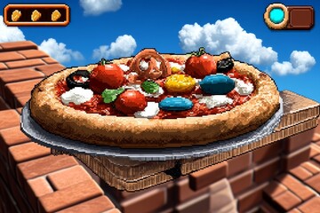Poster - Pixel art of a pizza with vibrant toppings in 8-bit style, capturing a retro gaming feel