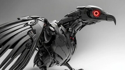 Poster - Futuristic Black Robotic Bird with Red Eye Detail, Showcasing Advanced Technology and Mechanical Design in a Sleek, Modern Style for Innovative Concepts