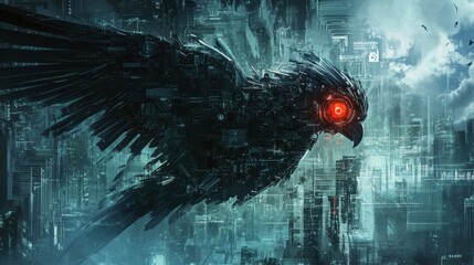 Poster - Futuristic Cybernetic Bird with Glowing Red Eye Overlooking a High-Tech Urban Landscape Embraced by Neon Lights and Digital Elements in a Surreal Setting