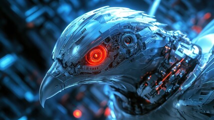 Poster - Futuristic Robotic Bird with Glowing Red Eyes Against a High-Tech Background, Showcasing Advanced Technology and Cybernetic Design in a Bold and Striking Image.