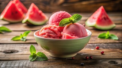 Poster - Watermelon Sorbet in a Bowl with Fresh Mint Leaves and Berries on Rustic Wooden Background