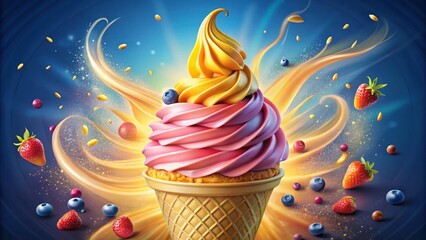 Poster - A swirling burst of golden light surrounds a tempting ice cream cone, topped with scoops of yellow and pink frozen dessert, and dotted with juicy blueberries and strawberries.
