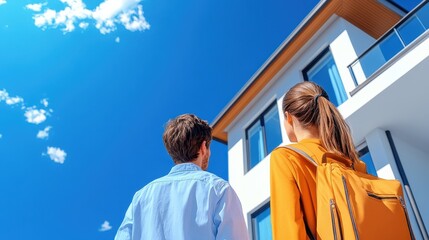 Young couple gazing at modern house under bright blue sky with fluffy clouds, dream home concept, real estate exploration and future planning, lifestyle aspirations