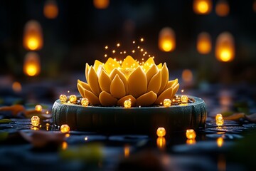 Poster - Whimsical krathong with sparkling fairy lights and tiny floating lanterns around it, set in an enchanted forest