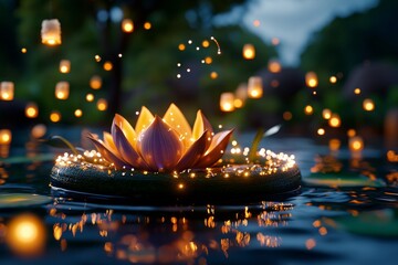 Poster - Whimsical krathong with sparkling fairy lights and tiny floating lanterns around it, set in an enchanted forest