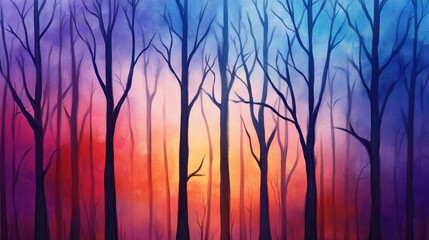 Poster - Surreal Forest Landscape with Colorful Twilight Sky and Silhouetted Trees Creating a Dreamy and Tranquil Atmosphere for Creative Projects or Backgrounds