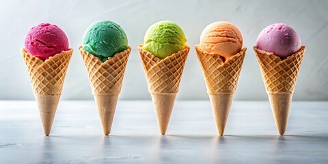 Poster - A Row of Five Colorful Ice Cream Cones in Waffle Cones on a Grey Surface